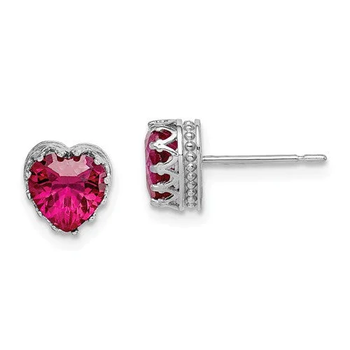 Trendy Earrings-Party Drop Earrings-10k White Gold Tiara Collection 6mm Heart Created Ruby Crown Earrings