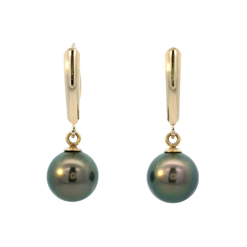 Heart-Shaped Earrings-Trendy Gold Earrings-Tahitian Pearl Leverback Dangle Earrings in Yellow Gold