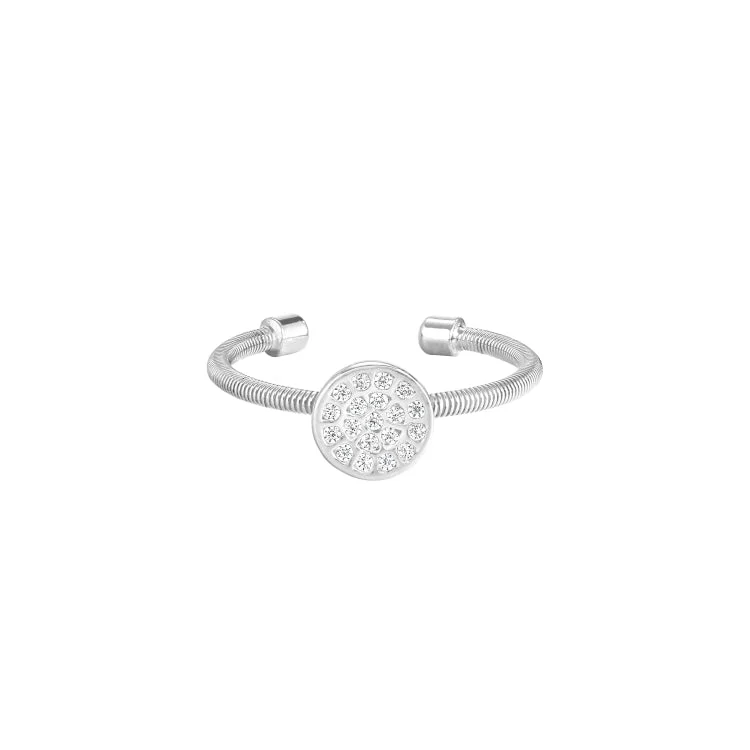 ShellRings-Rhodium Finish Sterling Silver Cable Cuff One Circle Ring with Simulated Diamonds