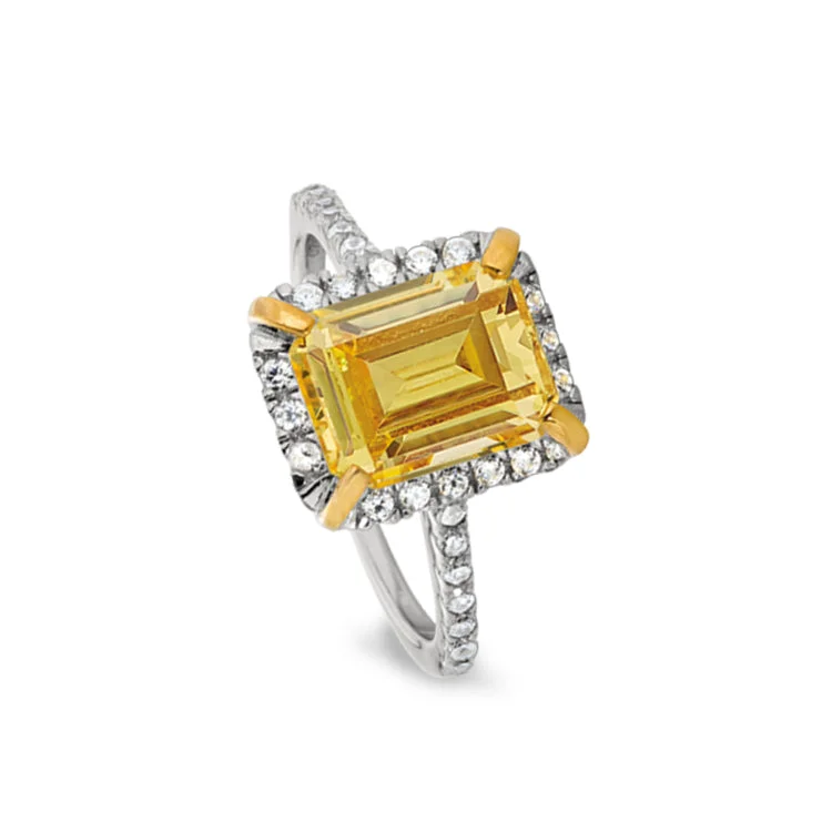 CladdaghRings-Platinum Finish Sterling Silver Vintage Ring with Emerald Cut Canary Stone & Simulated Diamonds