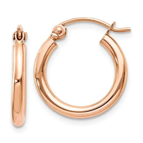 Trendy Gold Earrings-Heart-Shaped Earrings-14k Rose Gold 15mm x 2mm Lightweight Hinged Hoop Earrings