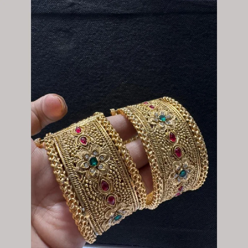 Bangles With Stones-FS Collections Gold Plated Pota Stone Openable Bangles Set