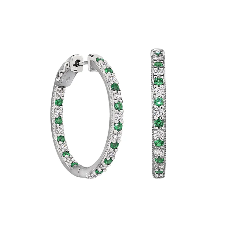 Women’s Heart Pendant Necklaces-Platinum Finish Sterling Silver Micropave Hoop Earrings with Simulated Emeralds and Simulated  Diamonds