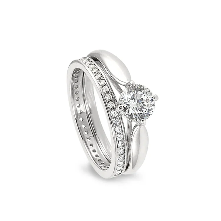 MinimalistRings-Platinum Finish Sterling Silver Micropave Solitaire Wedding Ring Set with 100 Facet Simulated Daimond