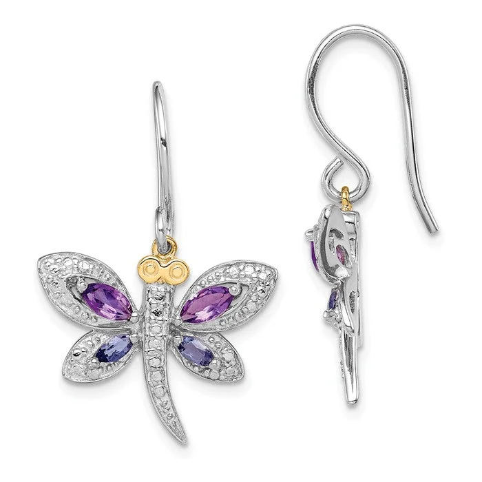 Marquise Earrings-Unique Earrings-Sterling Silver And 14K Amethyst And Iolite And Diamond Dragonfly Earrings