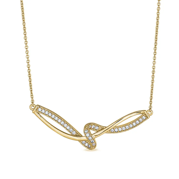 Romantic Heart Necklaces-Gold Finish Sterling Silver Micropave Ribbon Swirll Necklace with Simulated Diamonds on 16" - 18" Adjustable Chain