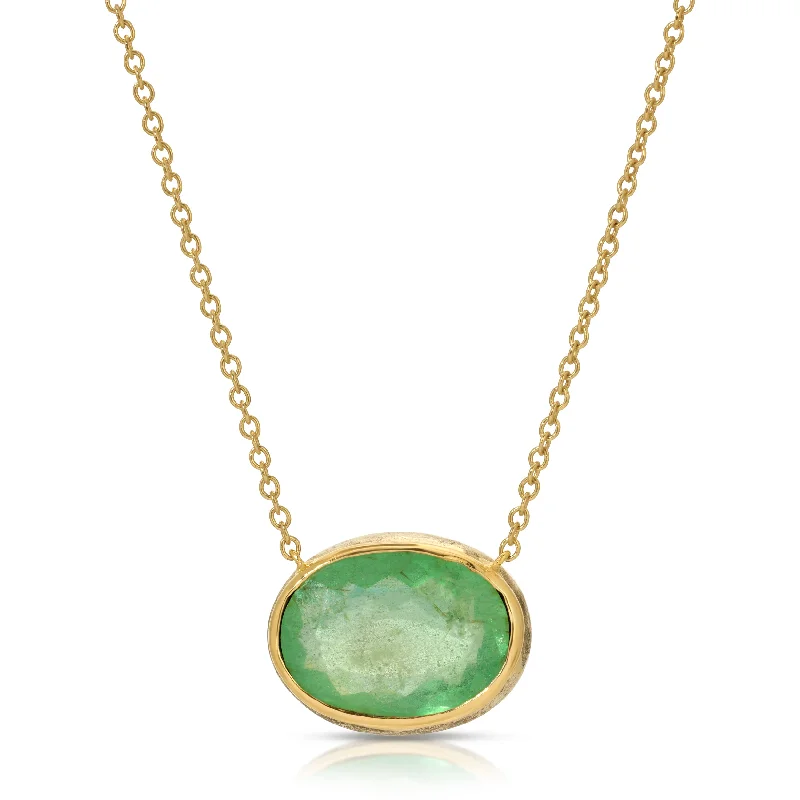 Elegant Choker Necklaces-Bezeled Oval Emerald Pendant Necklace