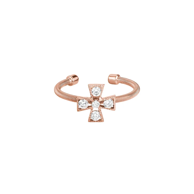 FeatherRings-Rose Gold Finish Sterling Silver Cable Cuff 5 Stone Cross Ring with Simulated Diamonds