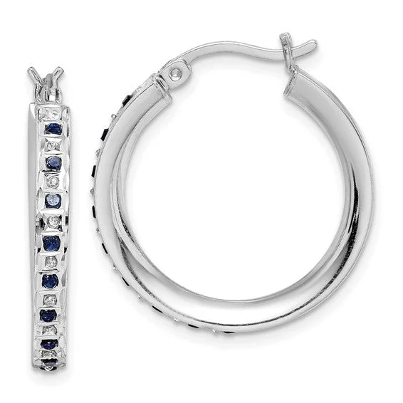 Bridal Earrings-Colorful Dangle Earrings-Sterling Silver Diamond & Blue Sapphire Round Hoop Earrings