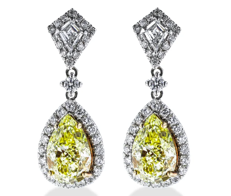 Diamond Drop Earrings-Statement Earrings-18KT WHITE GOLD 6.27CTW YELLOW DIAMOND & 1.29CTW DIAMOND DANGLE EARRINGS