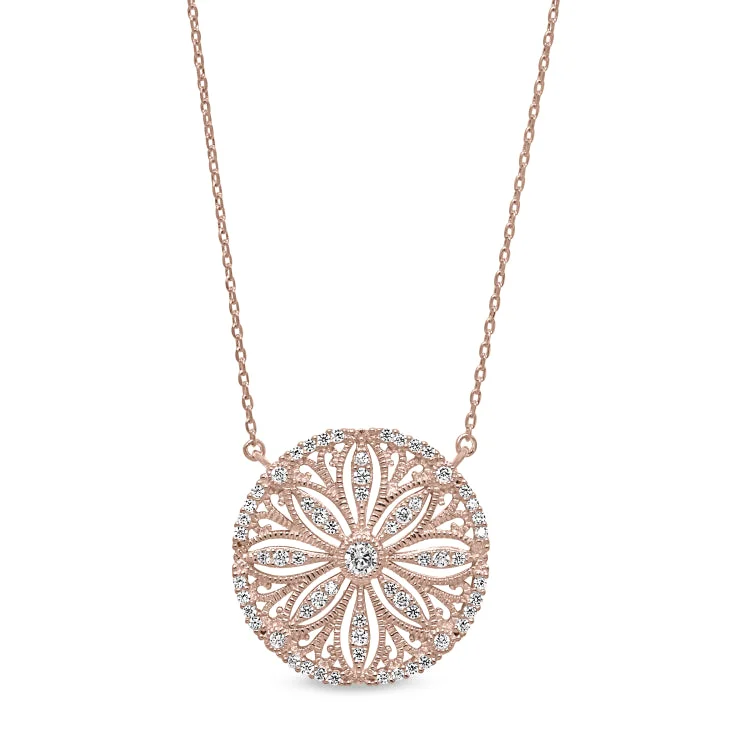 Holiday Necklaces for Gifts-Rose Gold Finish Sterling Silver Micropave Vintage San Dollar Necklace with Simulated Diamonds on 16"-18" Adjustable Chain