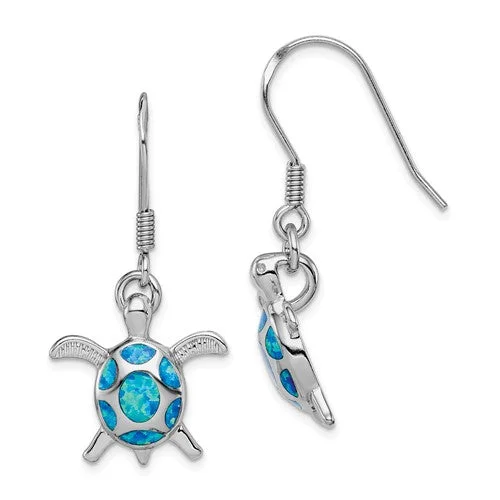 Leather Earrings-Silver Stud Earrings-Sterling Silver Created Blue Opal Turtle Dangle Earrings