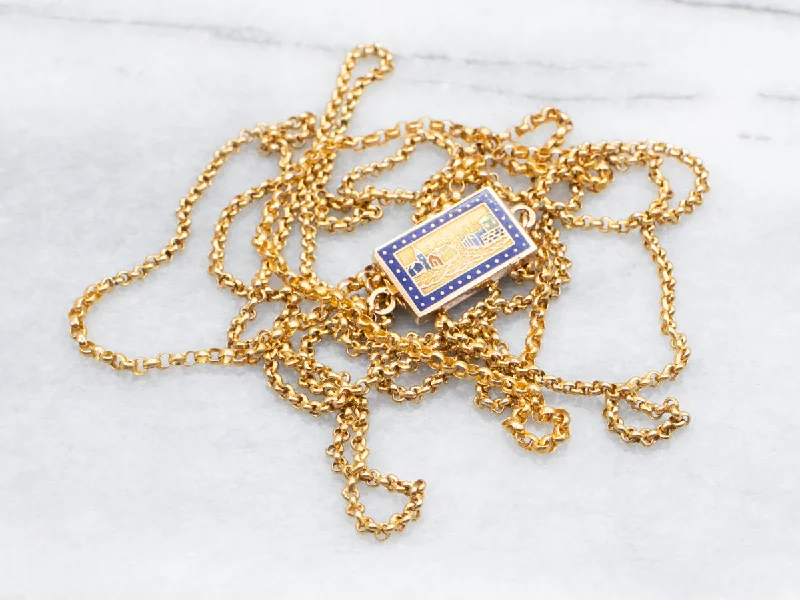 Romantic Heart Necklaces-Long Antique Gold Sleepy Downtown Enamel Slide Pendant Necklace