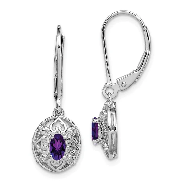 Tropical Earrings-Clip-On Earrings-Sterling Silver Amethyst and Diamond Leverback Earrings