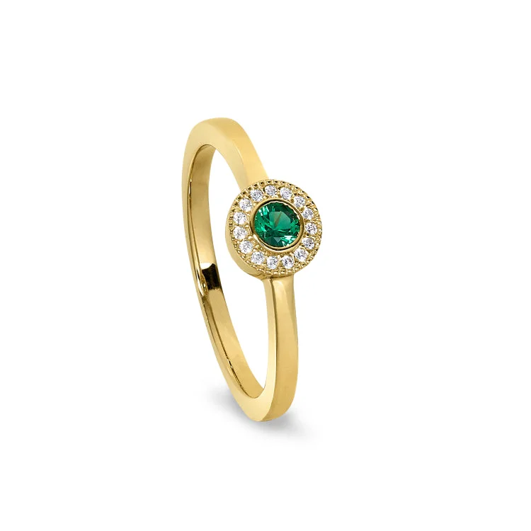 KnottedRings-Gold Finish Sterling Silver Micropave Round Simulated Emerald Ring with Simulated Diamonds Size 9