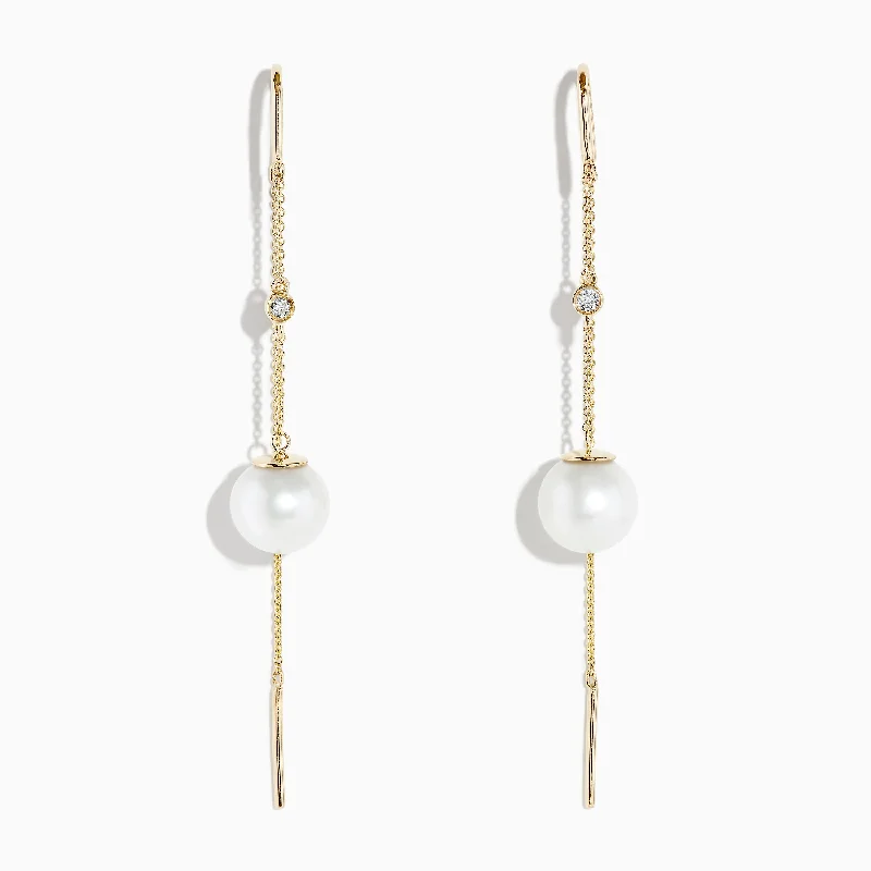 Dainty Earrings-Rhinestone Earrings-14K Yellow Gold Pearl and Diamond Drop Earrings