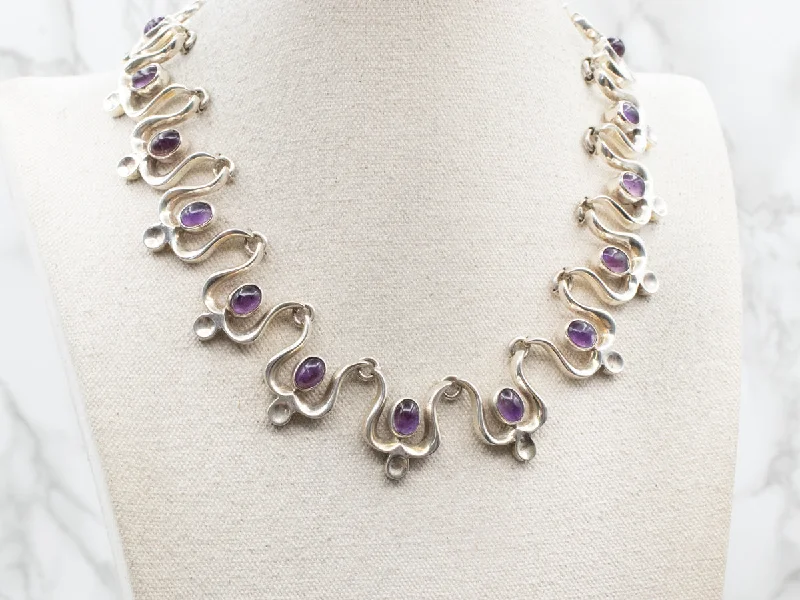 Elegant Women’s Necklaces-Sterling Silver Bold Amethyst Tulip-Link Collar Necklace