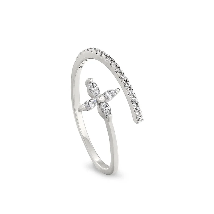 MoonRings-Platinum Finish Sterling Silver Micropave Adjustable Twist Flower Ring with Simulated Diamonds