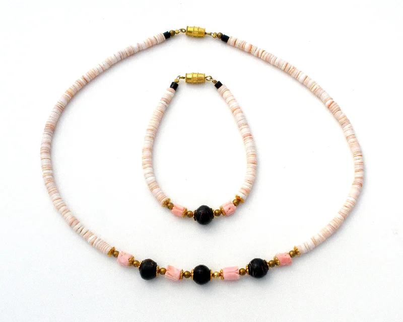 Colorful Bead Necklaces-SeaShell Necklace Bracelet with Coral Pikake Flowers