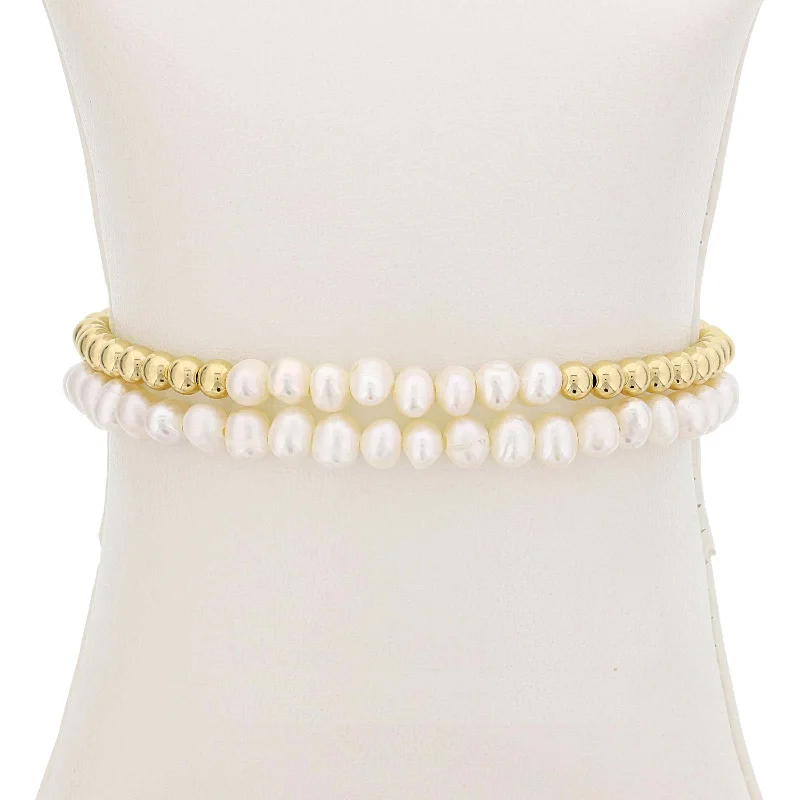 MenBracelets-Freshwater Cultured Pearls and Gold Filled Beads, 4 MM, Stretch Bracelets, Set of 2