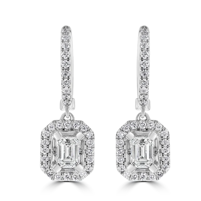 Long Stud Earrings-Affordable Earrings-18KT WHITE GOLD 1.23 CTW DIAMOND HALO DROP EARRINGS