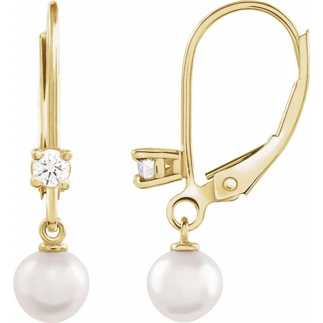 Initial Earrings-Gold Earrings for Brides-14K White or Yellow Gold Cultured White Akoya Pearl & 1/8 Natural Diamond Lever Back Earrings