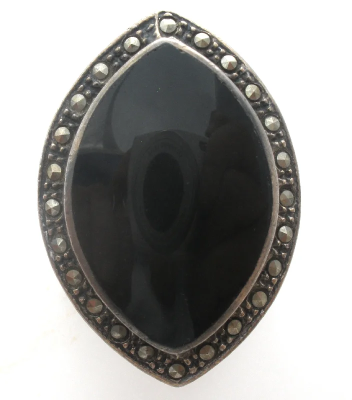 PeaceRings-Marquis Black Onyx Ring Sterling Silver Size 7