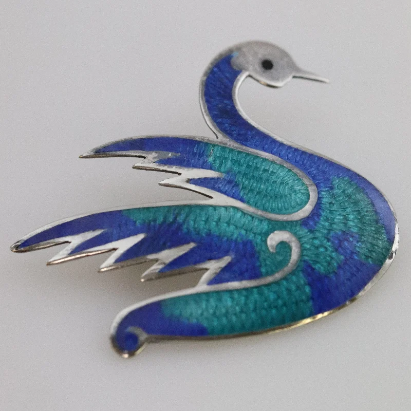 Brooch with butterfly design-Vintage Taxco Silver Mexican Jewelry | Jeronimo Fuentes Enamel Swan Brooch