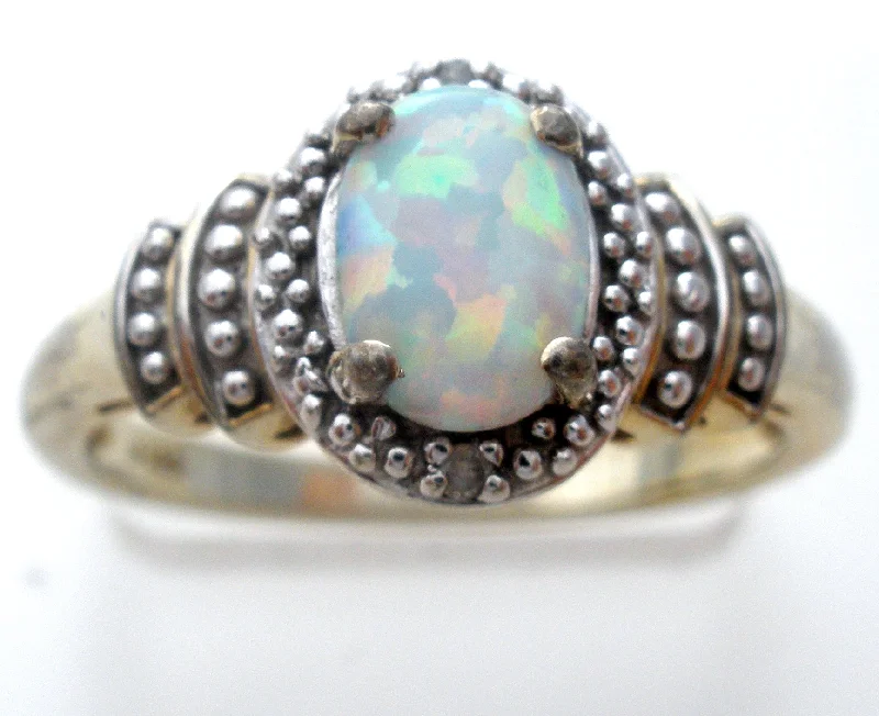 HeirloomRings-Opal & Diamond Sterling Silver Ring Size 7