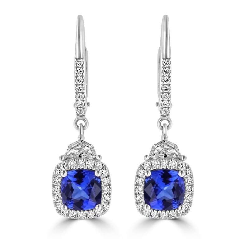 Fancy Stud Earrings-Vintage Silver Earrings-JULEVE 18K 2.22 CTW SAPPHIRE & 0.72 CTW DIAMOND HALO DROP EARRINGS