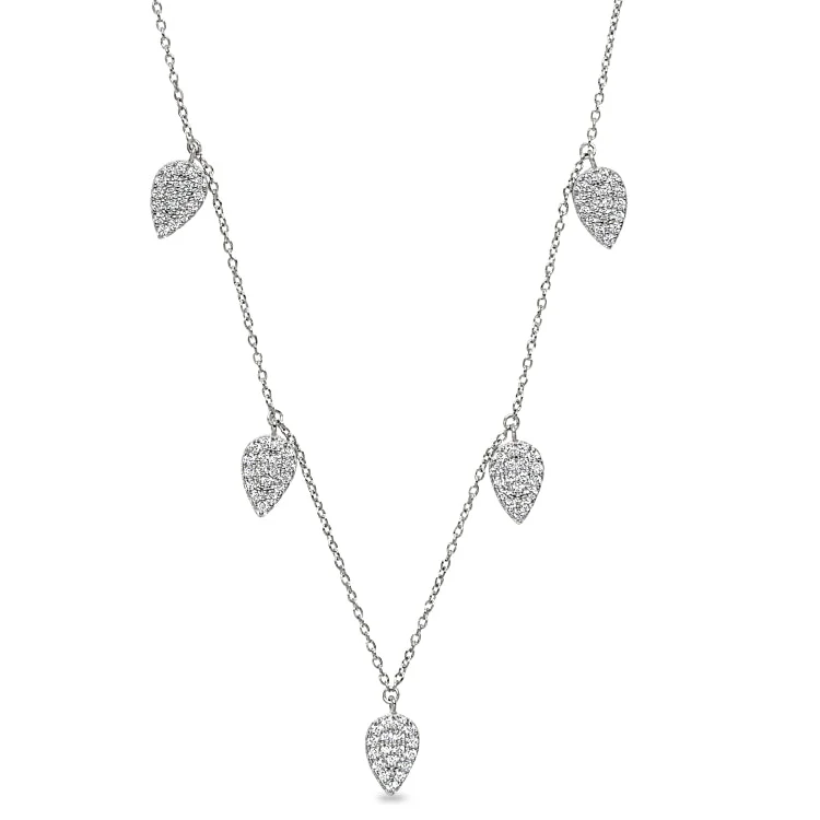 Monogram Necklaces for Friends-Platinum Finish Sterling Silver Micropave 5 Floating Leaves Necklace with Simulated Diamonds on 16"-18" Adjustable Chain