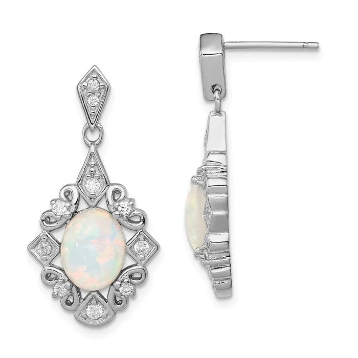 Gold Earrings with Charms-Wedding Earrings-Sterling Silver Created Opal Oval And CZ Dangle Post Earrings