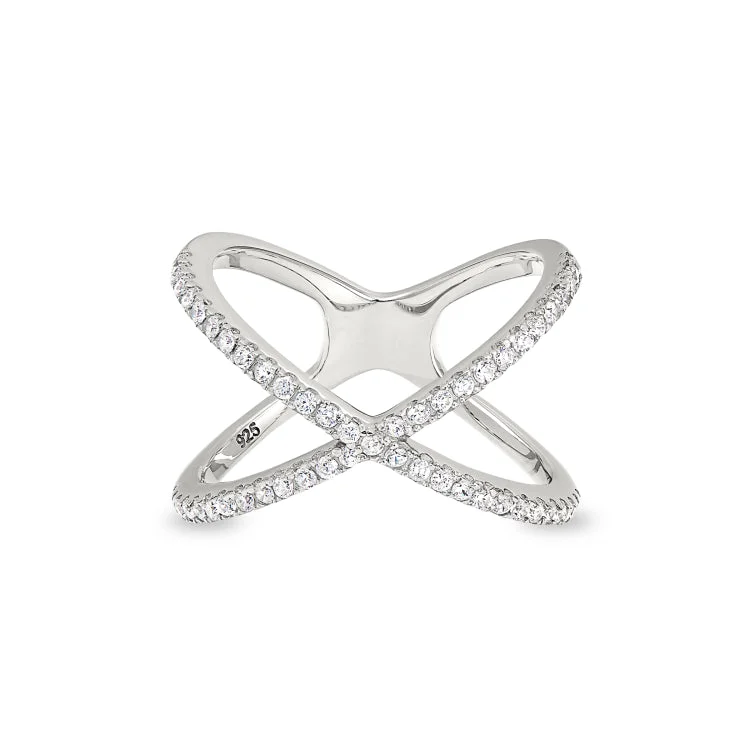 StatementRings-Platinum Finish Sterling Silver Micropave Criss-Cross Ring with Simulated Diamonds