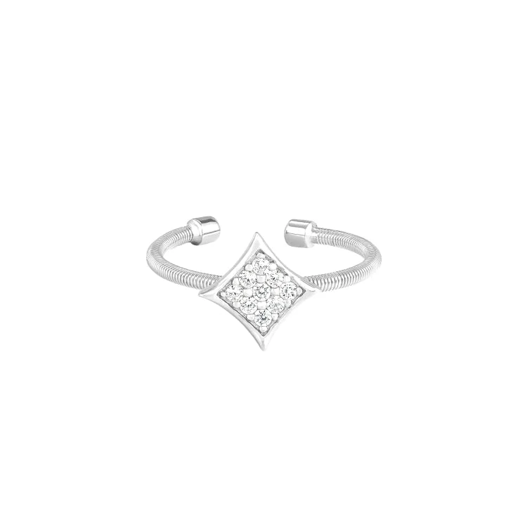 MountainRings-Rhodium Finish Sterling Silver Cable Cuff Diamond Shaped Ring with Simulated Diamonds