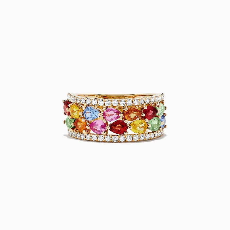 RubyRings-Watercolors 14K Yellow Gold Multi Sapphire and Diamond Ring, 3.07 TCW