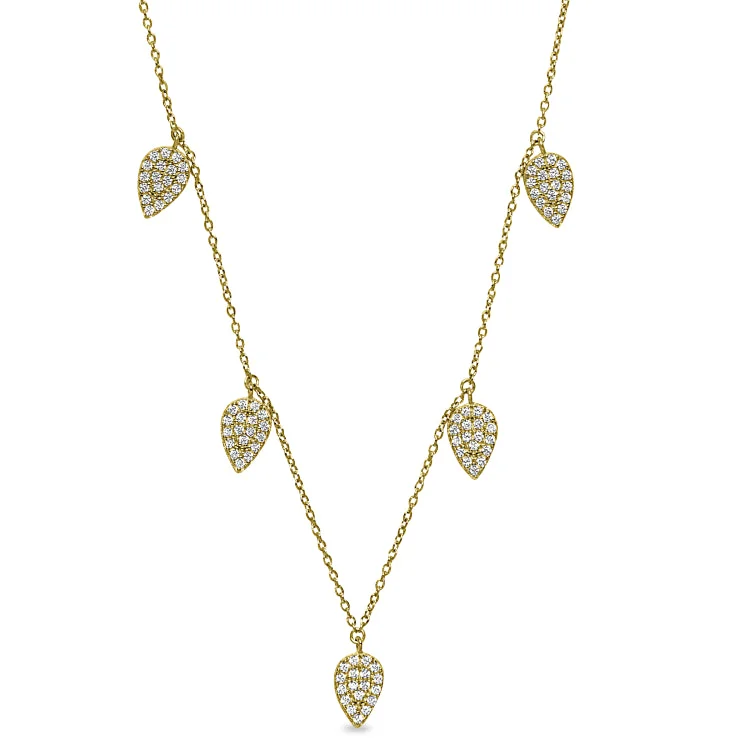 Men’s Gold Necklaces with Pendant-Gold Finish Sterling Silver Micropave 5 Floating Leaves Necklace with Simulated Diamonds on 16"-18" Adjustable Chain