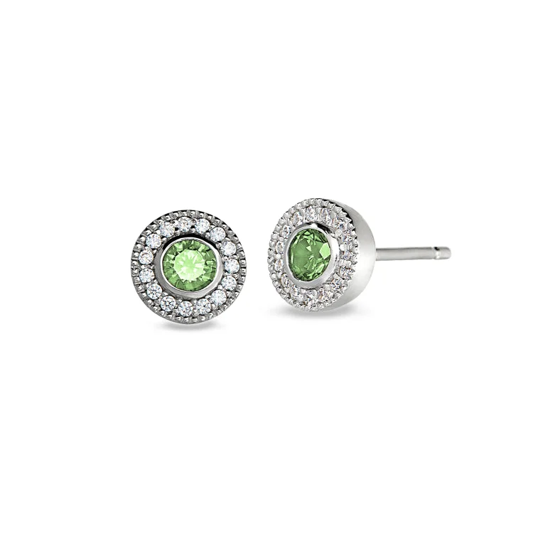 Gold Earrings for Gifts-Bright Drop Hoop Earrings-Platinum Finish Sterling Silver Micropave Round Simulated Peridot Earrings with Simulated Diamonds