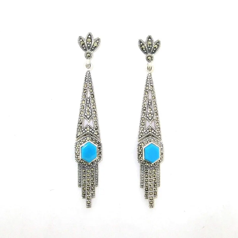 Modern Silver Earrings-Round Earrings-Art Deco Earrings Blue Turquoise Silver Marcasite