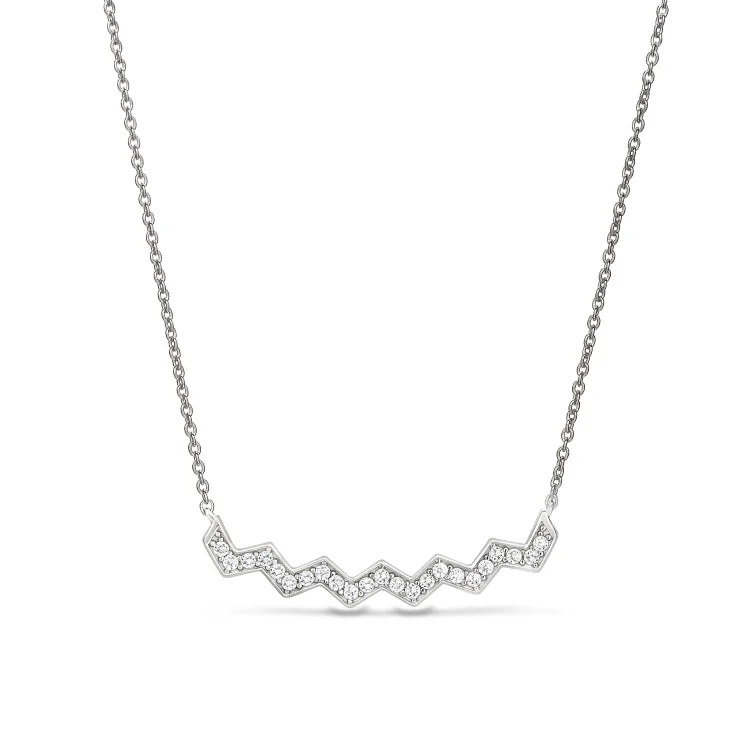 Long Necklaces for Dresses-Platinum Finish Sterling Silver Micropave Ups and Downs Necklace with Simulated Diamonds - 16" - 18" Adjustable Chain