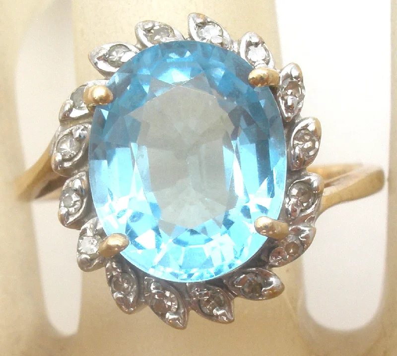 StarRings-Blue Topaz & Diamond Halo Ring 10K Gold Size 8.25