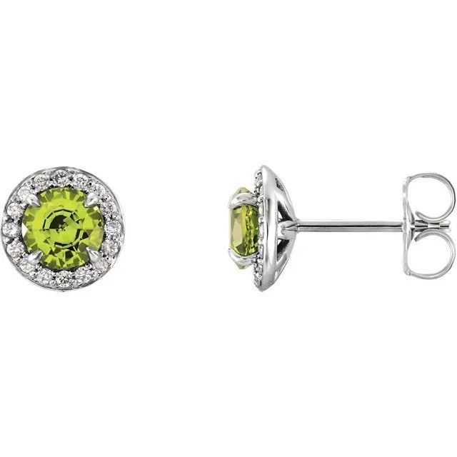 Natural Stone Earrings-Feminine Earrings-14KT GOLD 0.40 CTW PERIDOT & 0.12 CTW DIAMOND HALO EARRINGS