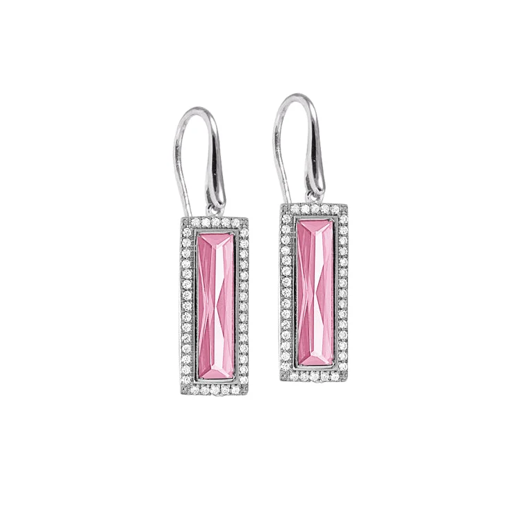 Pink Earrings-Simple Pearl Earrings-Rhodium Finish Sterling Silver Earrings with Rectangular Simulated Pink Sapphire Stones and Simulated Diamonds