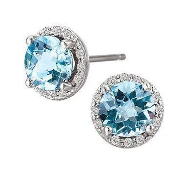 Trendy Gold Earrings-Sparkly Earrings-14KT WHITE GOLD BLUE TOPAZ & DIAMOND HALO EARRINGS