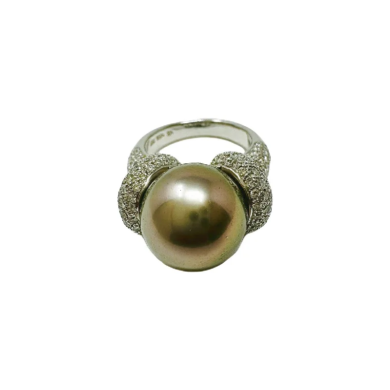 SevenStoneRings-18K White Gold Ring with Tahitian Pearl and Diamonds