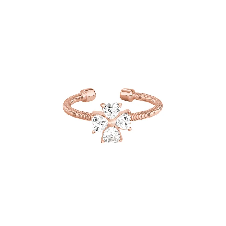 HolidayRings-Rose Gold Finish Sterling Silver Cable Cuff 4 Heart Shaped Stones Cross Ring with Simulated Diamonds