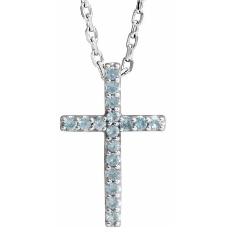 Birthstone Necklaces for Men-14K White Natural Swiss Blue Topaz Petite Cross 16" Necklace