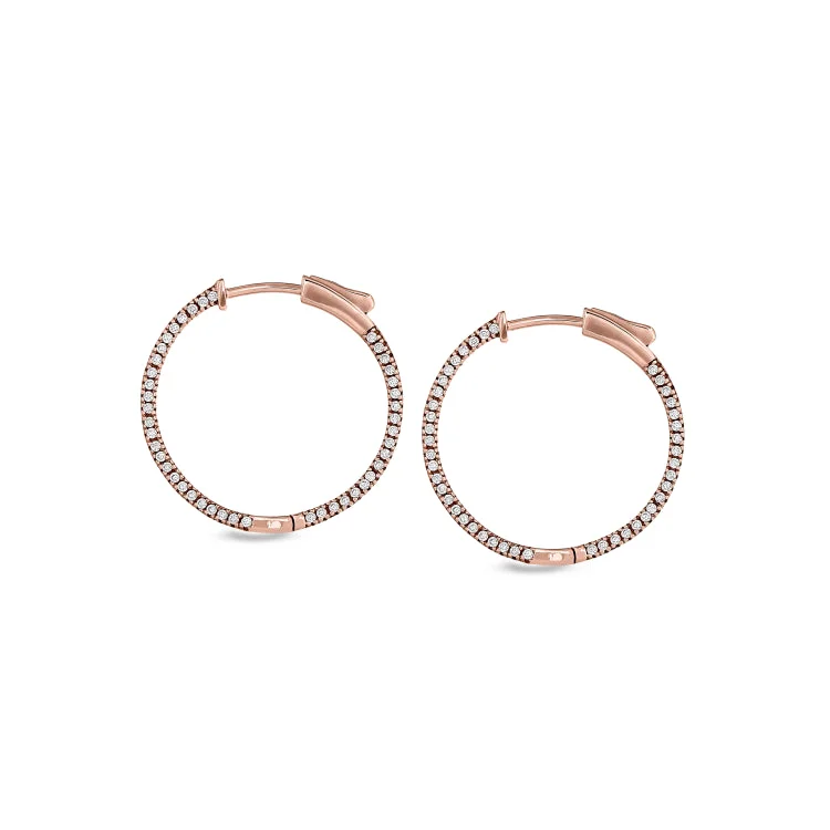 Silver Hoop Earrings for Women-Silver Stud Earrings for Weddings-Rose Gold Finish Sterling Silver Micropave Side Stones Medium Hoop Earrings with Simulated Diamonds