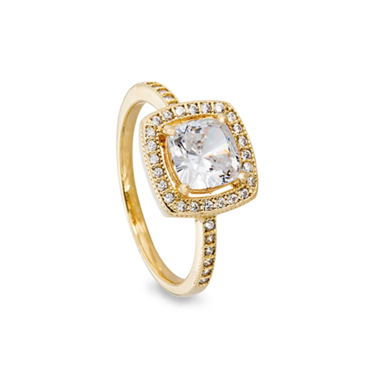 SunRings-Gold Finish Sterling Silver Micropave Cushion Cut Ring with 37 Simulated Diamonds