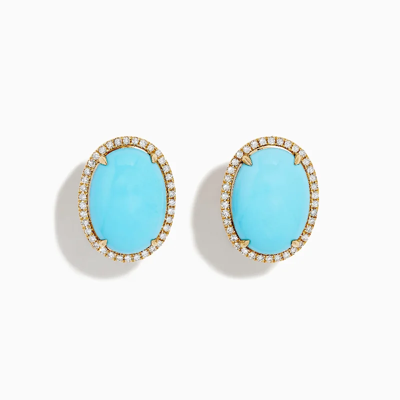 Sterling Silver Earrings-Colorful Stud Earrings-14K Yellow Gold Turquoise and Diamond Earrings