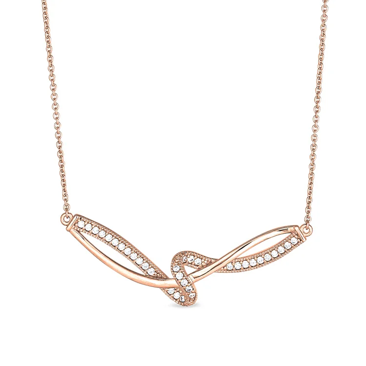 Triple Layer Necklaces for Women-Rose Gold Finish Sterling Silver Micropave Ribbon Swirll Necklace with Simulated Diamonds on 16" - 18" Adjustable Chain